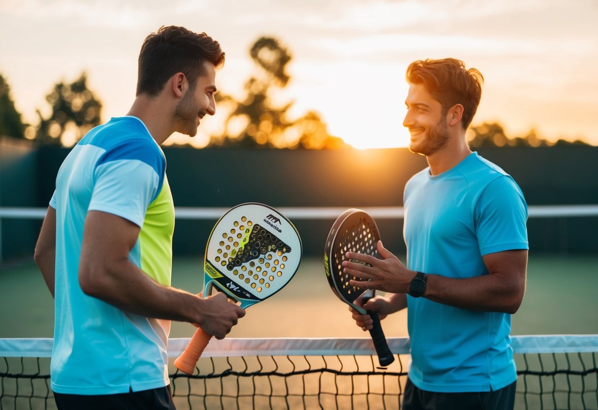 Two friends buying a new padel bat and playing until sunset