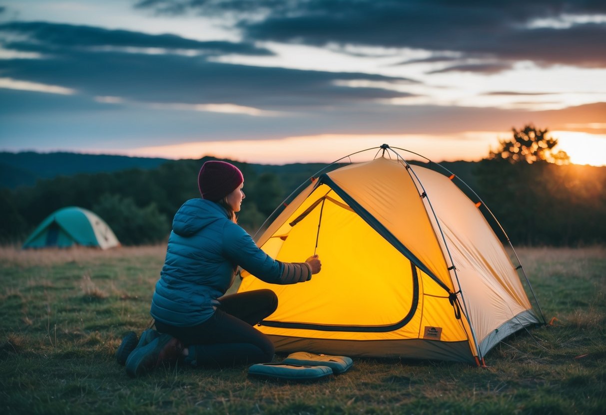 En person sætter et telt op mens solen går ned uanset om det er på en overlevelsestur eller til en festival